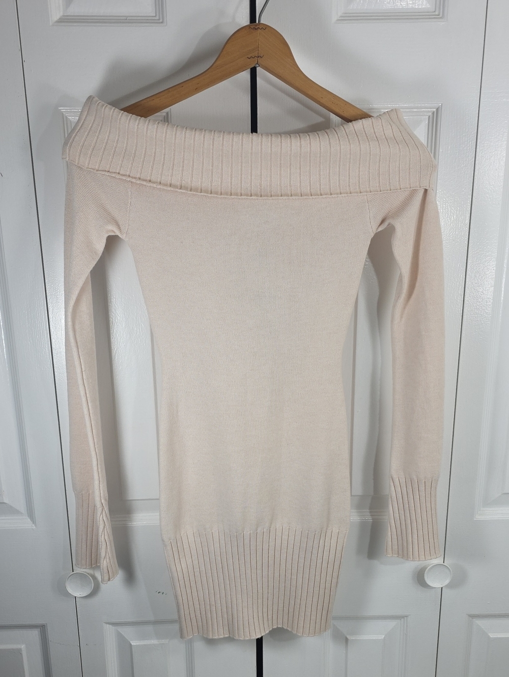 Princess Polly Savani Mini Dress Cream Off-the-Shoulder Ribbed Knit Sweater NWT